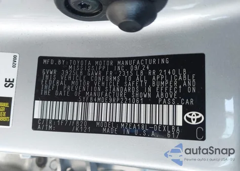 2024 Toyota Corolla Le из США, поврежденный, VIN 5YFB4MDE9RP221061